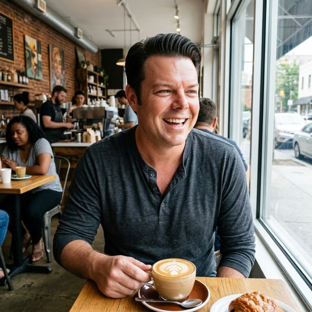 Bobby dating photo, City cafe, AI-generated