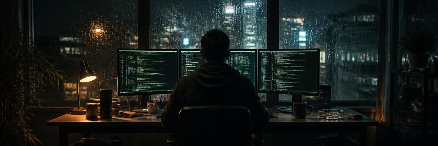 Developer at three code screens by a rain-streaked city window