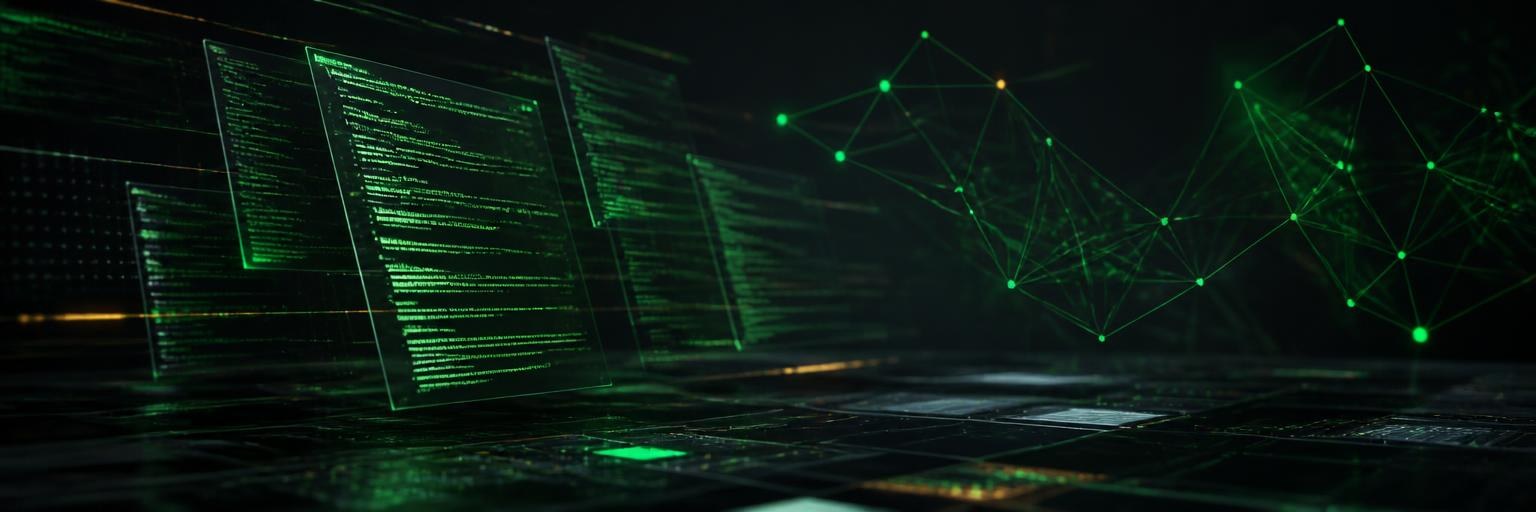 High-tech holographic code panels and network graph