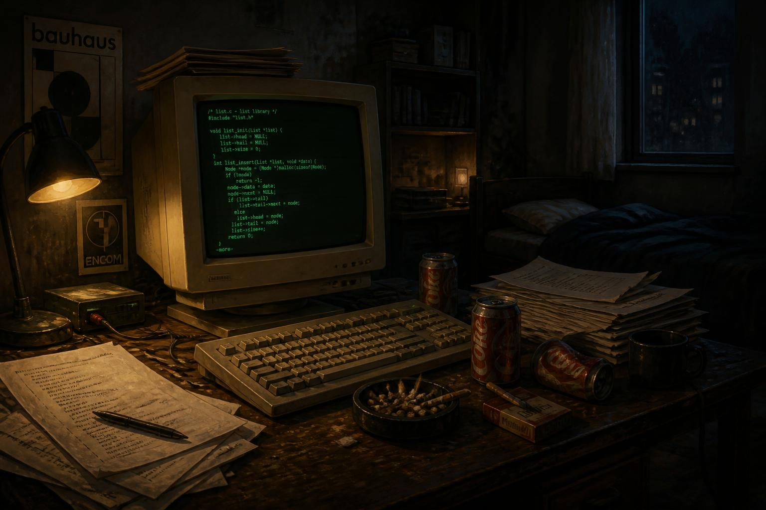 An old bedroom workspace at night, a CRT monitor glowing green